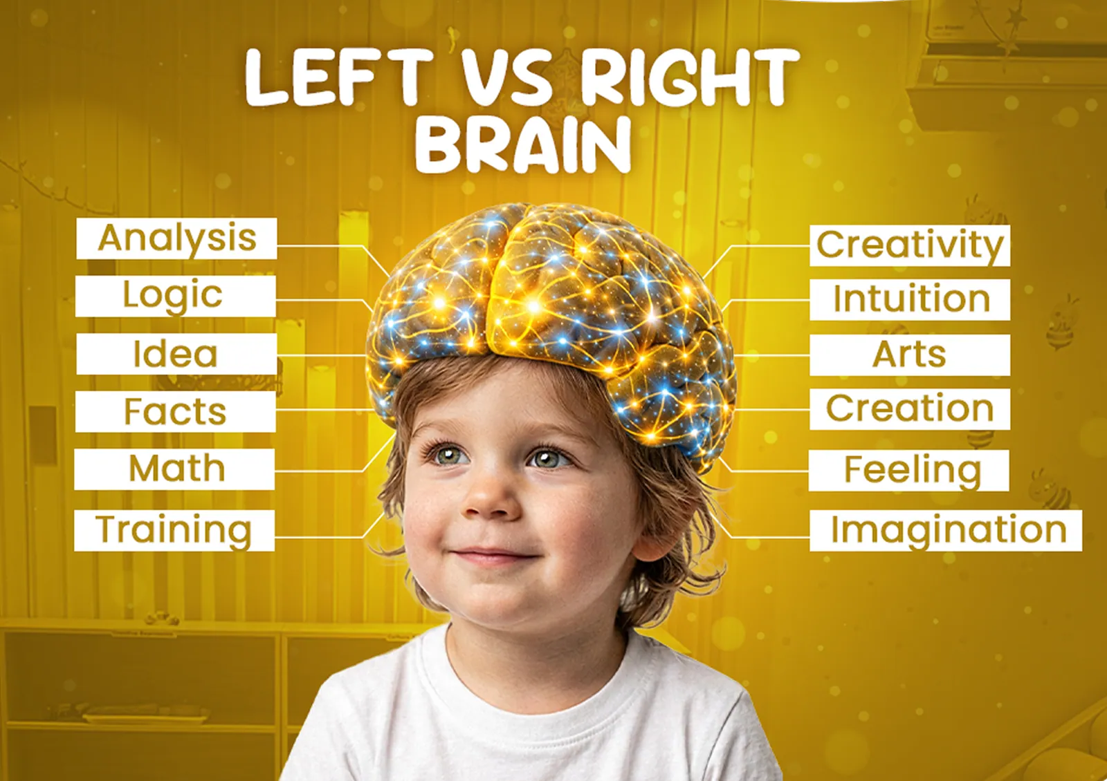 Illustration of a child with a glowing brain, listing left brain skills (logic, math) and right brain skills (creativity, imagination)