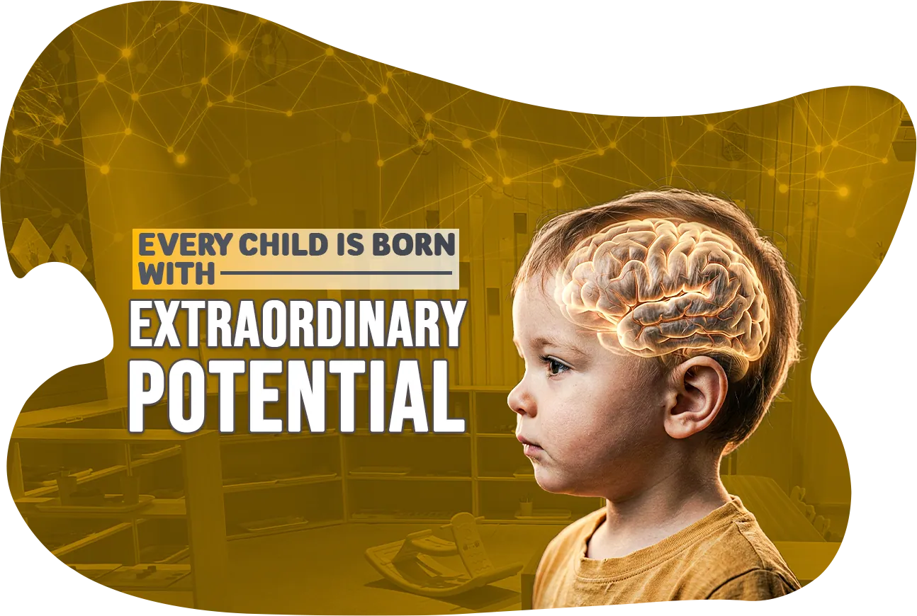 Every child is born with extraordinary potential: a toddler with a glowing brain illustration